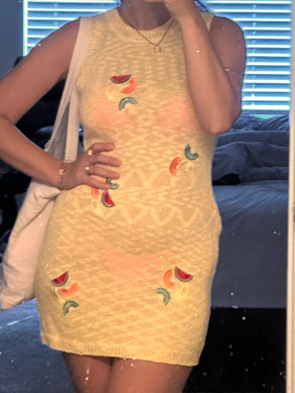 Yellow Embroidered Knit Mini Dress - Sleeveless